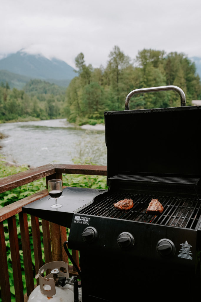 BBQ grill overlooking the river and forest in Washington