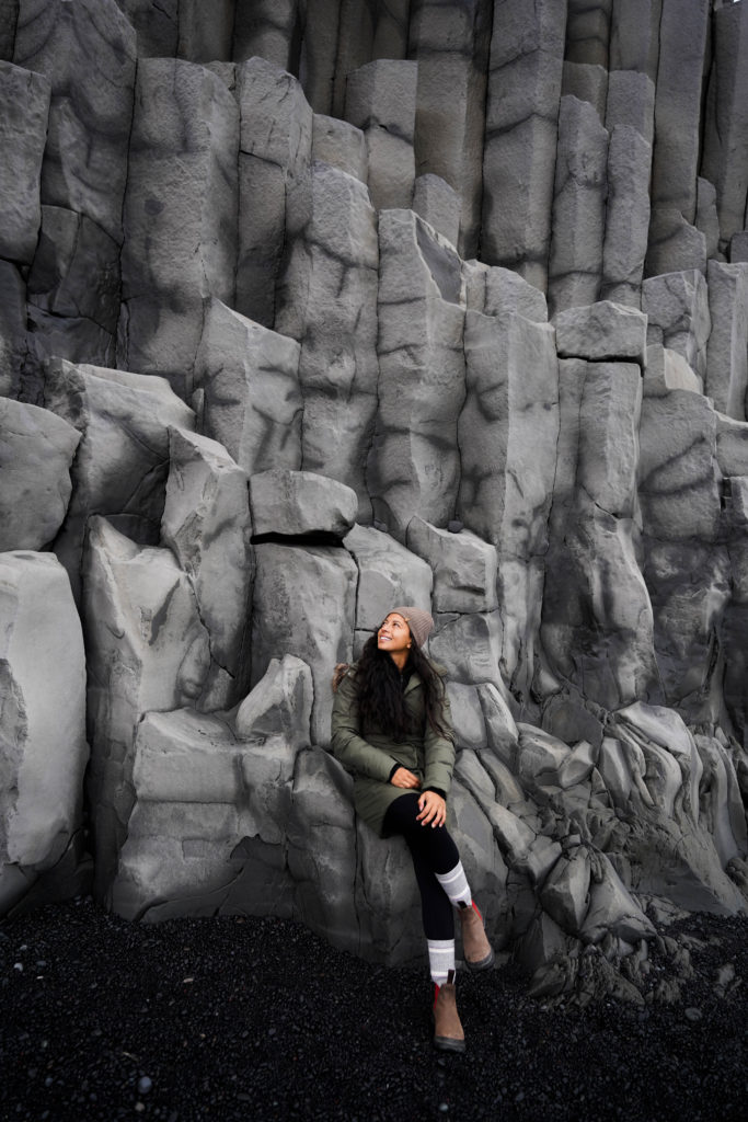 Black sand beach with rock columns 