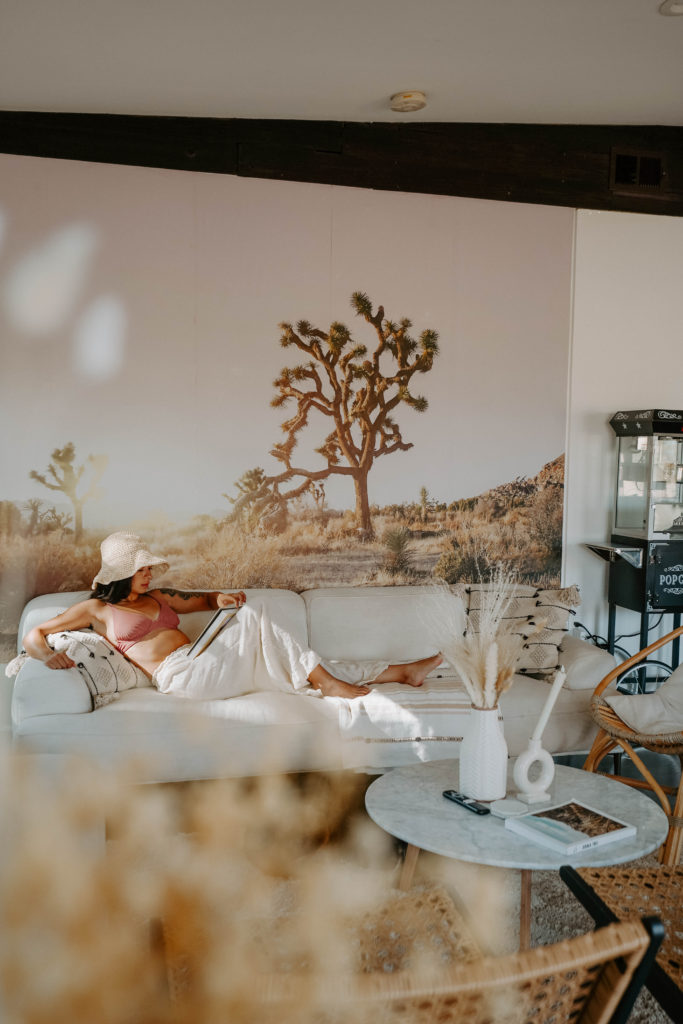 Joshua Tree Airbnb interior with cactus wall frame