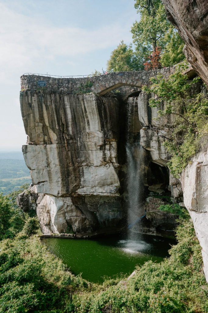 waterfall on a rocky cliff in Rock City Chattanooga