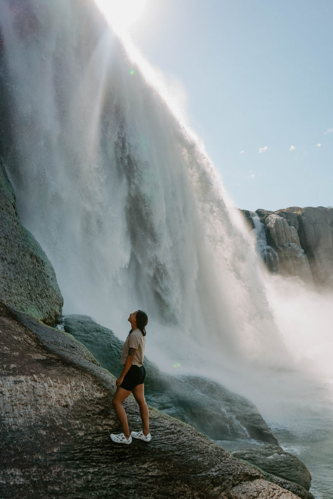 Standing beneath the massive shoshone falls in Idaho