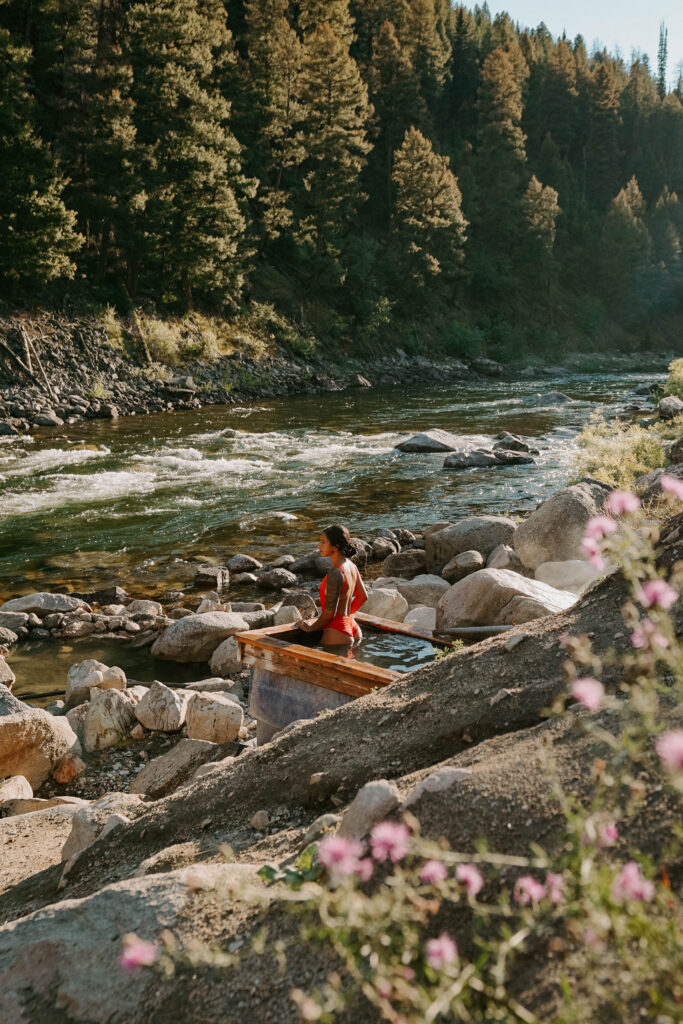 hot spring tub overlooking a river in Stanley Idaho