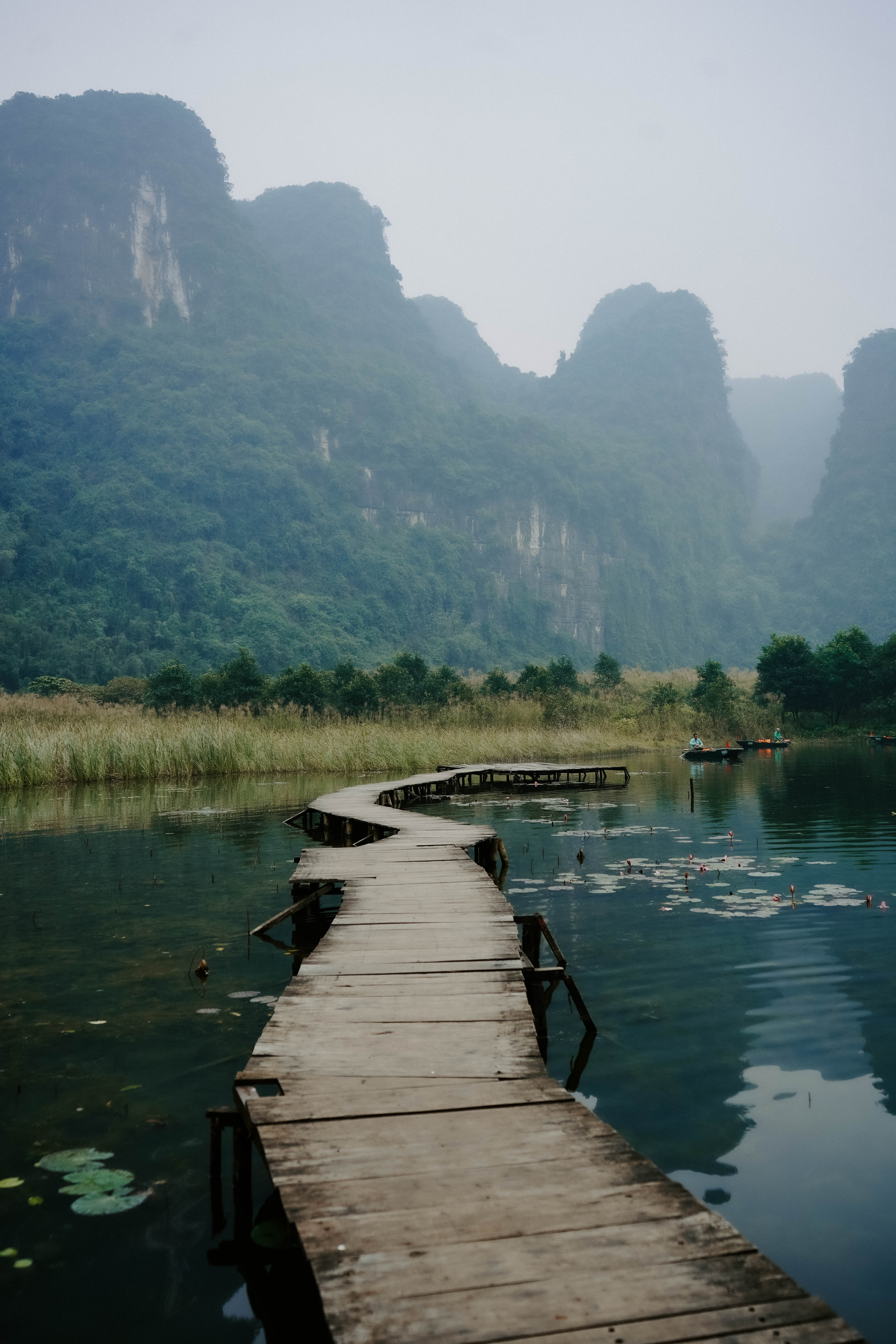 Wooden walkway surrounded by mountains and a lotus pond