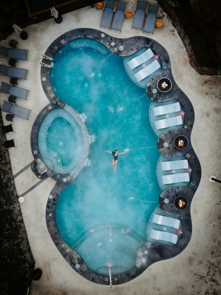 Drone shot of pool in Ambiente Hotel