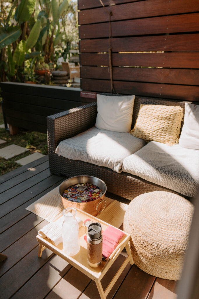 A foot soak on a hotel balcony