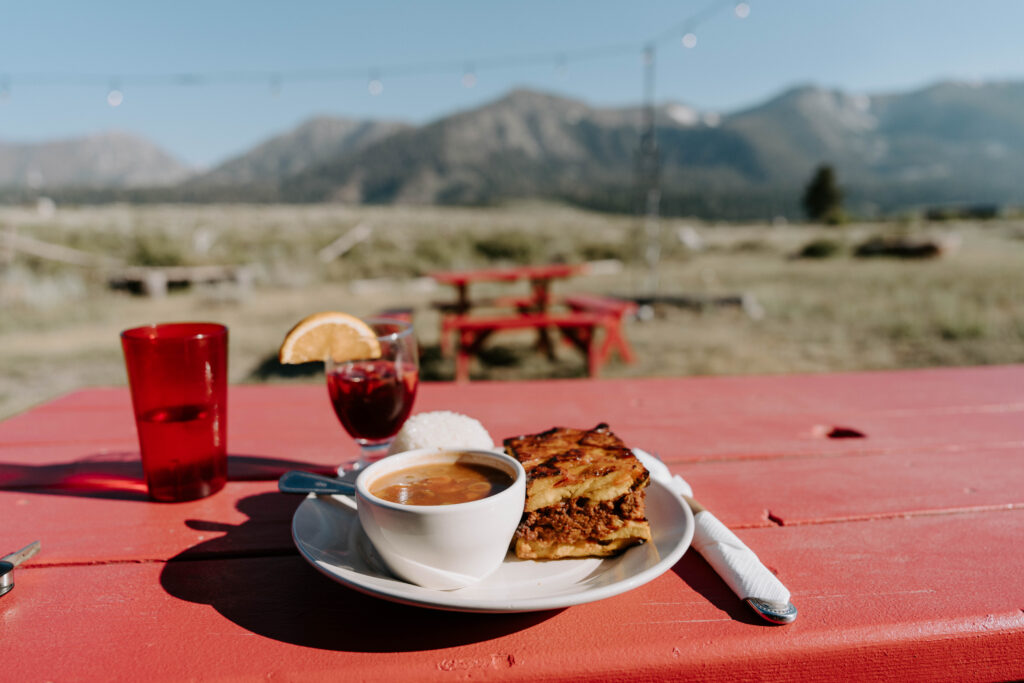 Food overlooking the mountains in Mammoth Lakes