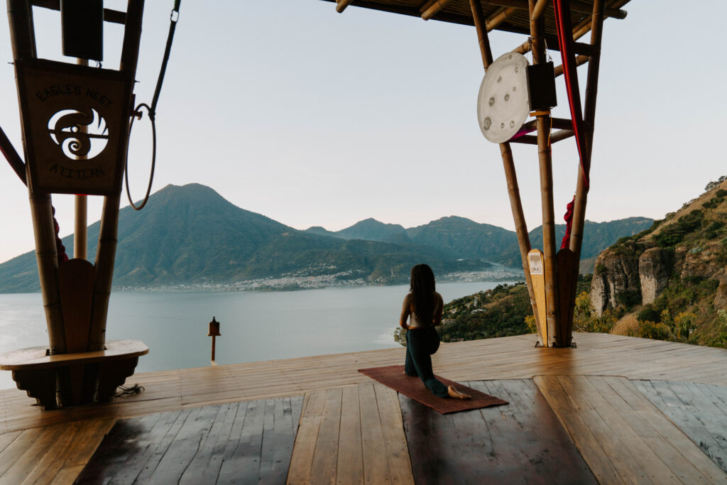 Yoga class with a view of the lake and Volcano