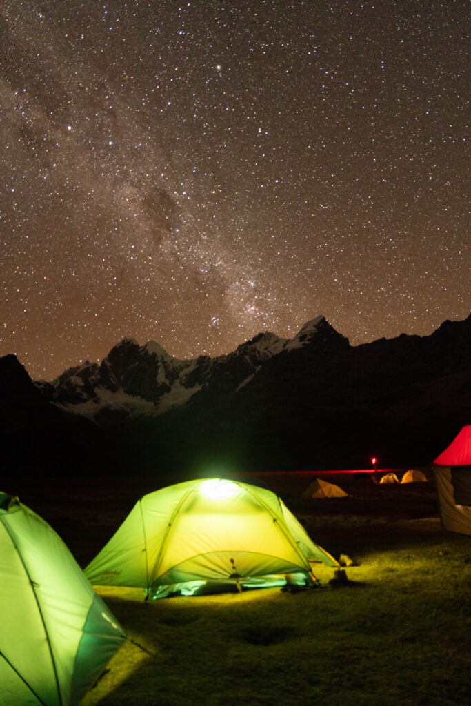 Campsite on Cordillera Huayhuash with stars and milkyway