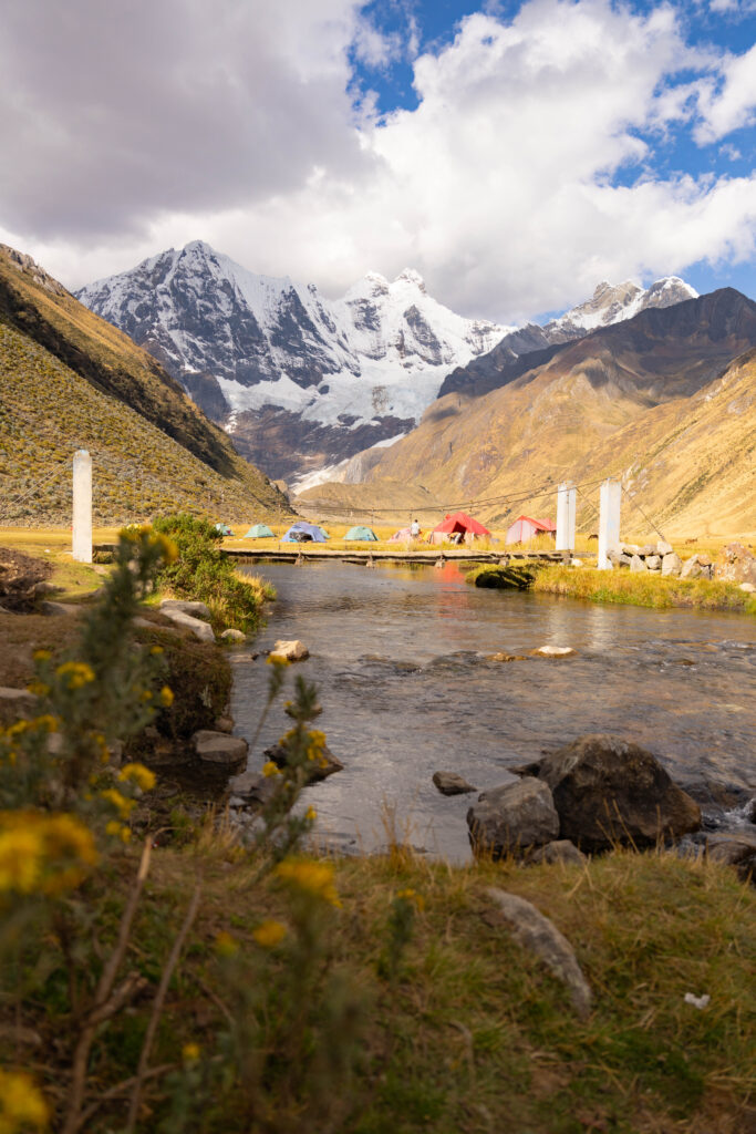 Campsite on the Huayhuash with mountains and river