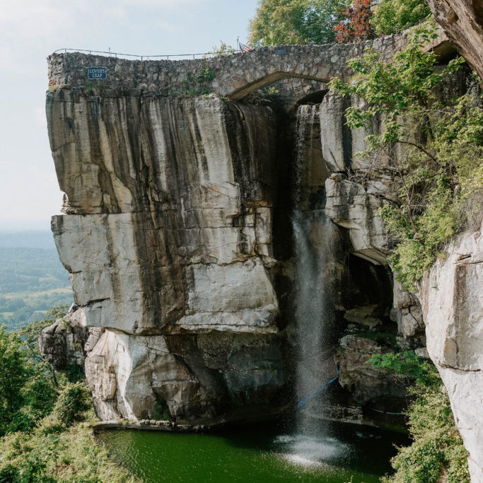 waterfall on a rocky cliff in Rock City